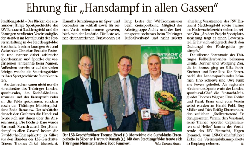 Stadtlengsfeld Fu�ball 2019 Kunath Ehrung